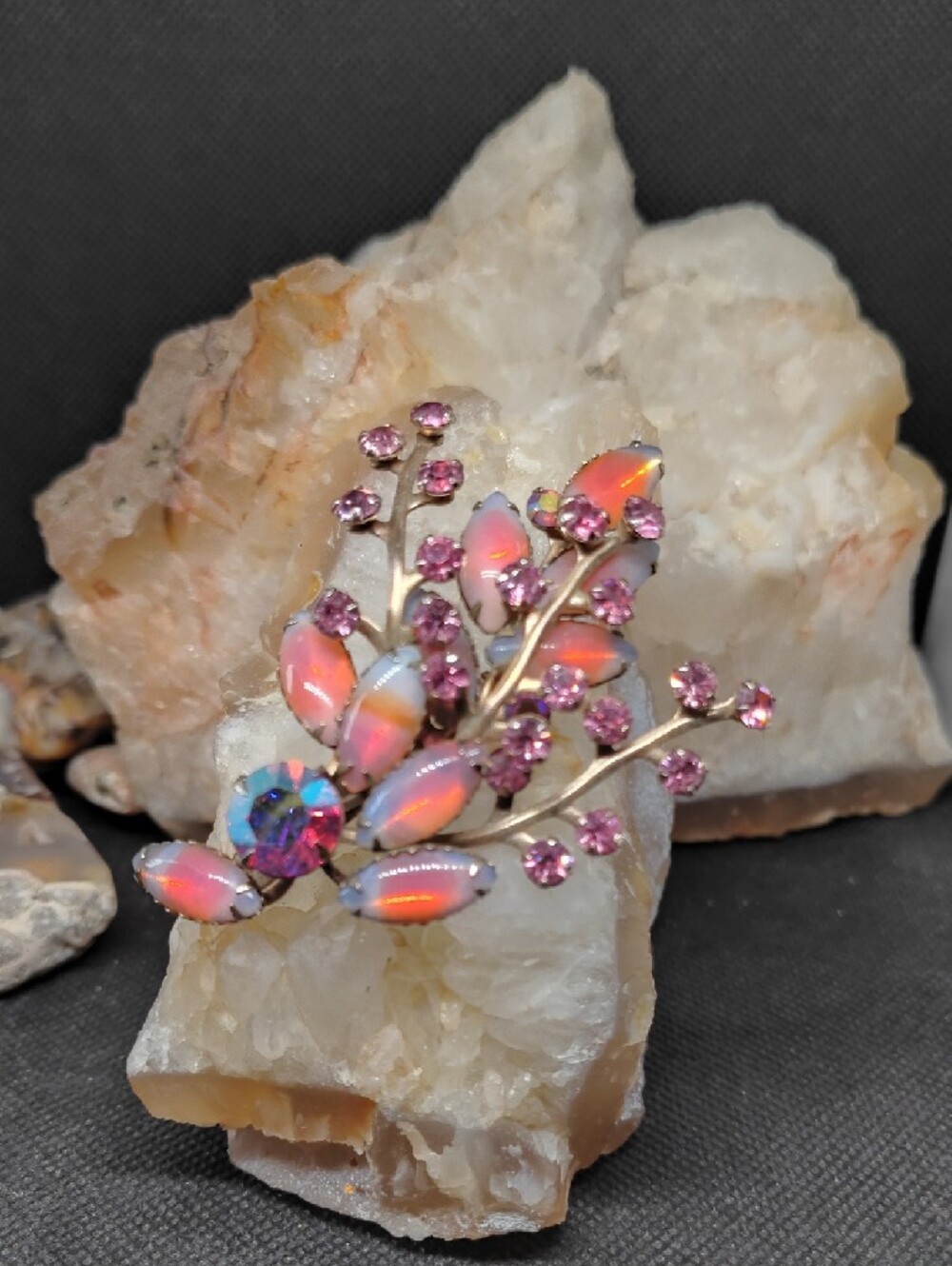 Vintage Pink Floral Spray Rhinestone and Gold Tone Brooch Unsigned.
